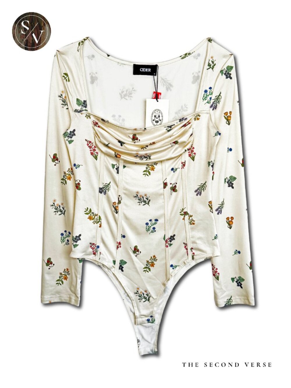 NWT Cider Long Sleeve Ruched Cottagecore Ditsy Floral Ivory Corset Bodysuit - Picture 4 of 11